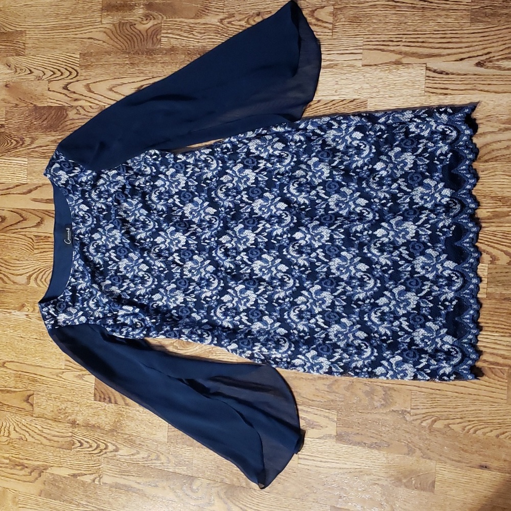 (6) Connected Apparel Lace Floral Sheer Statement Sleeves Midi Slim Fit
